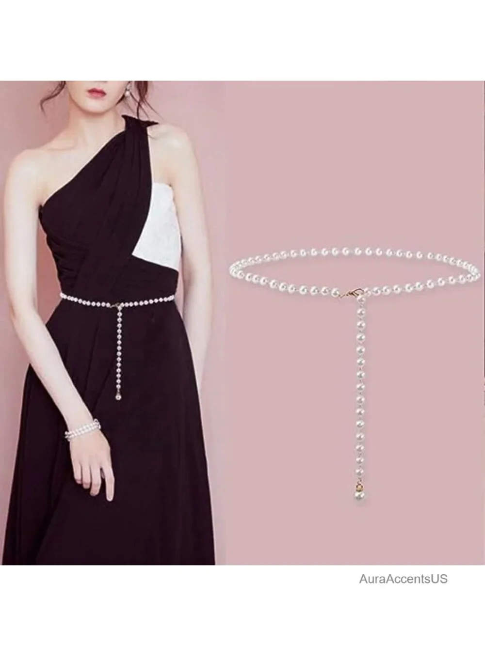Faux Pearl Rhinestone Elastic Waist Chain Belt - Women's Skinny Cinch Belt